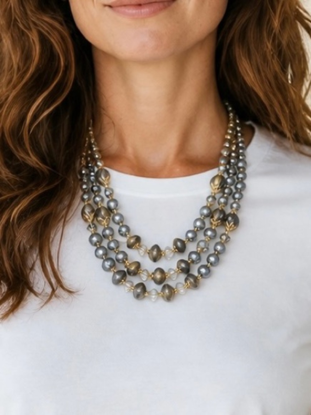 Vintage Triple strand Gold and Silver Necklace with Faceted Beads
